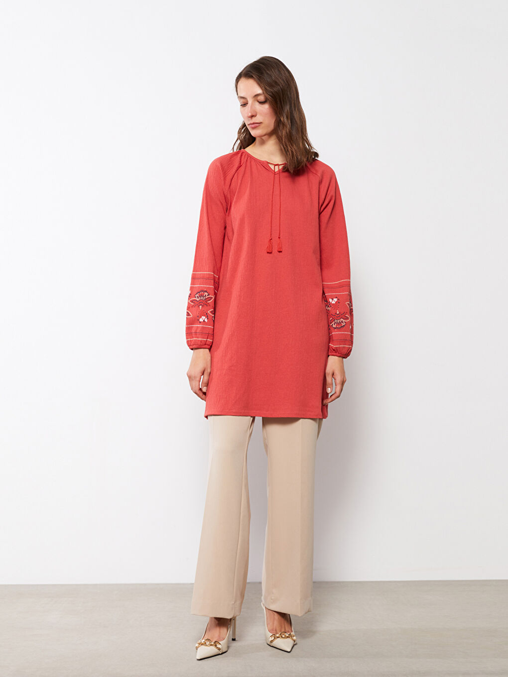 Tie Collar Embroidered Long Sleeve Women's Tunic-2