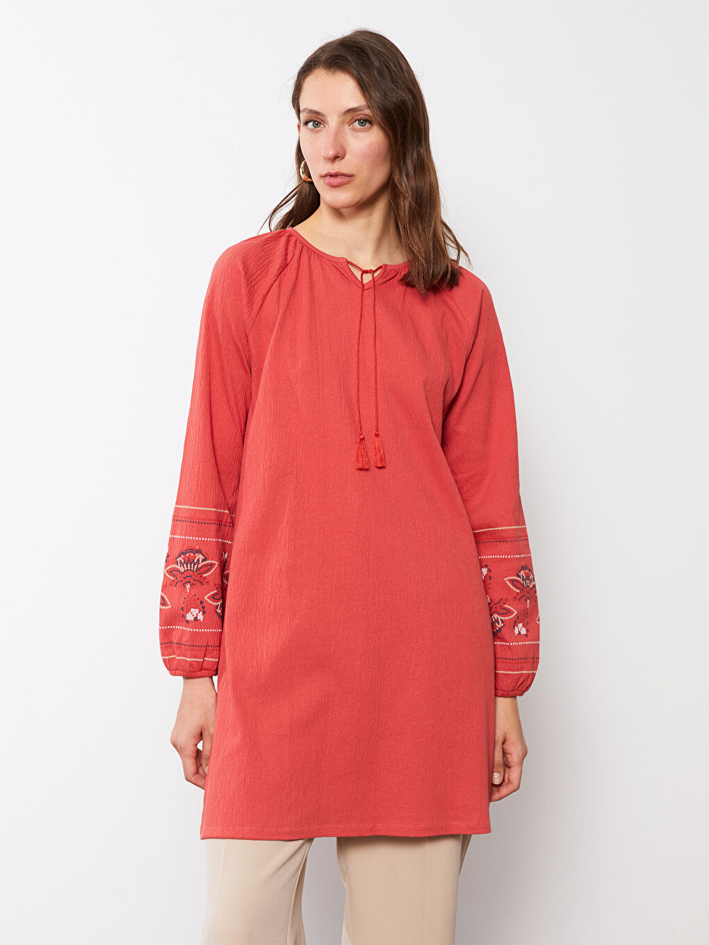 Tie Collar Embroidered Long Sleeve Women's Tunic-4