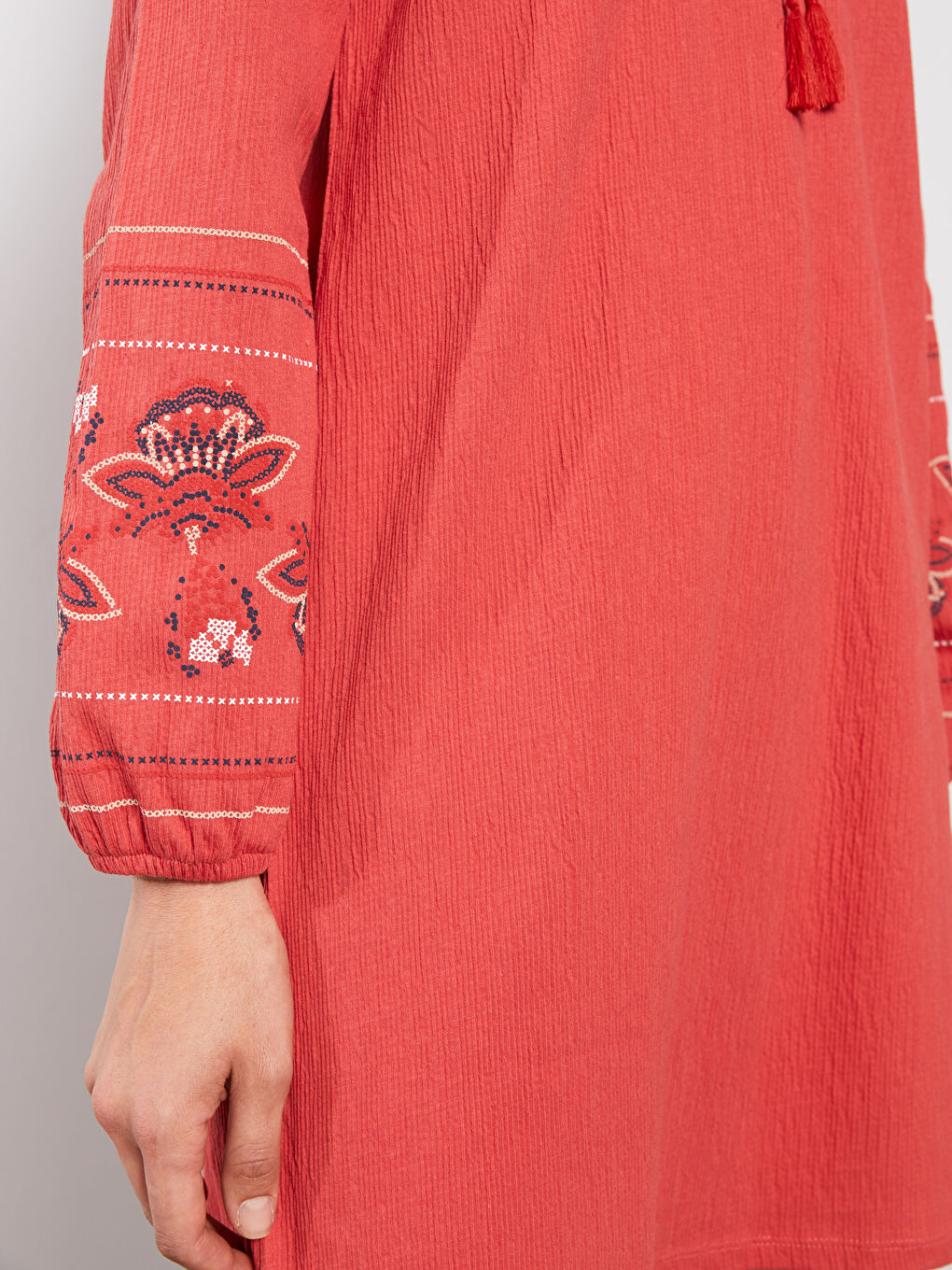 Tie Collar Embroidered Long Sleeve Women's Tunic-6