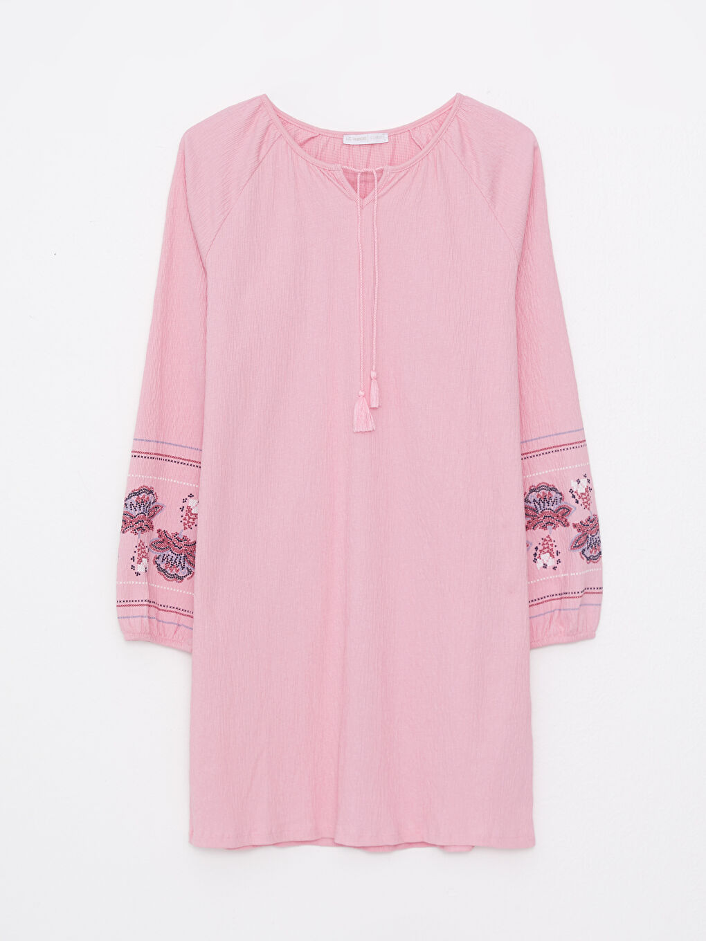 Pembe Bağlamalı Yaka Nakışlı Uzun Kollu Kadın Tunik-5