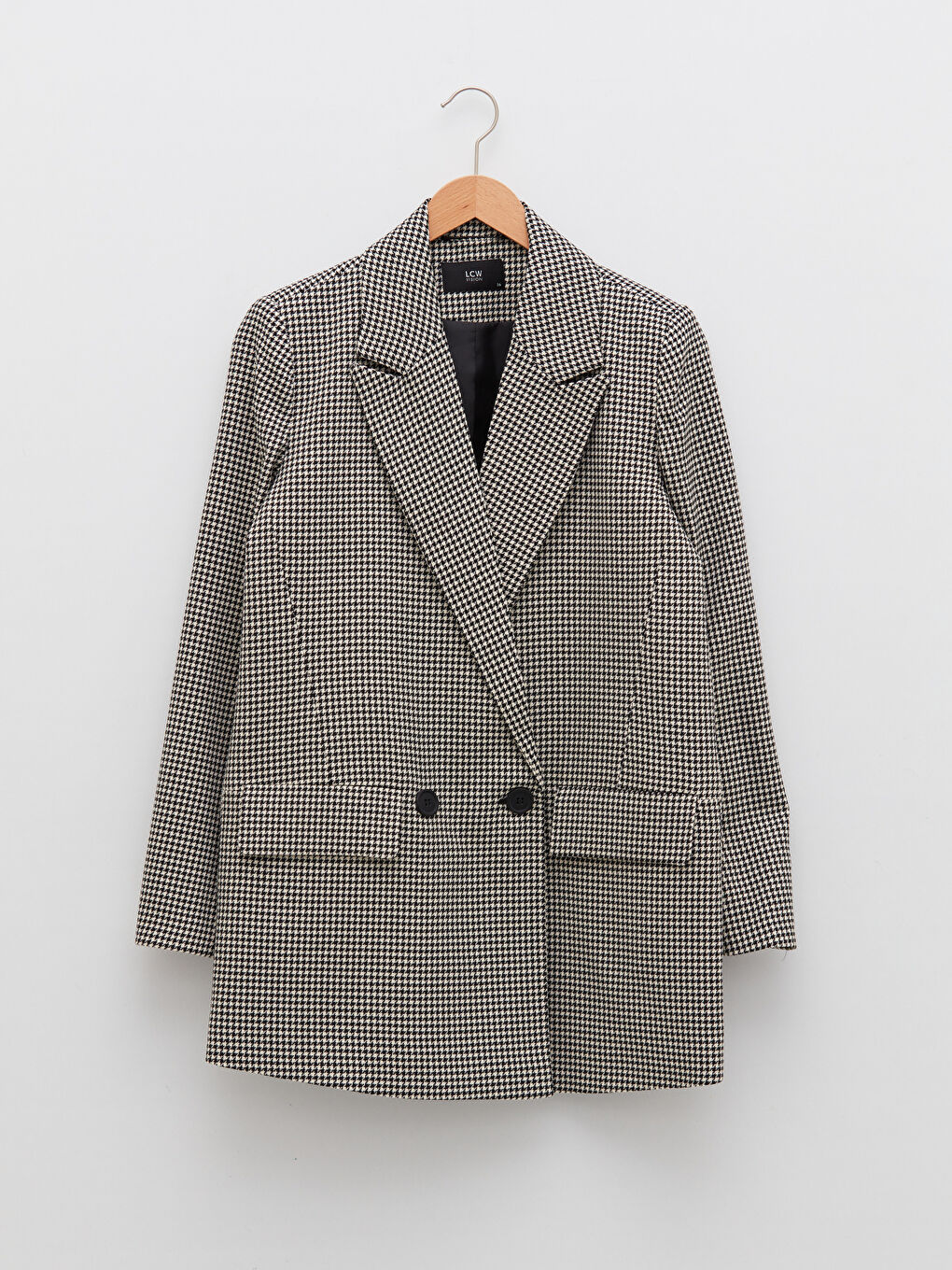 Siyah Önden Düğme Kapamalı Kazayağı Desenli Uzun Kollu Kadın Blazer Ceket-5