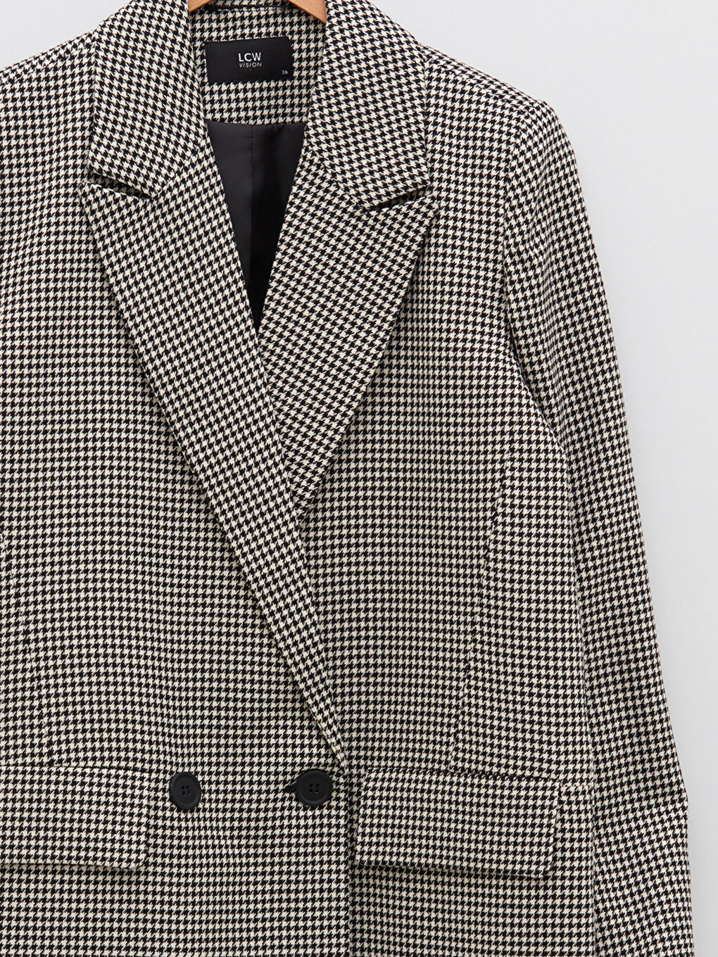 Siyah Önden Düğme Kapamalı Kazayağı Desenli Uzun Kollu Kadın Blazer Ceket-7