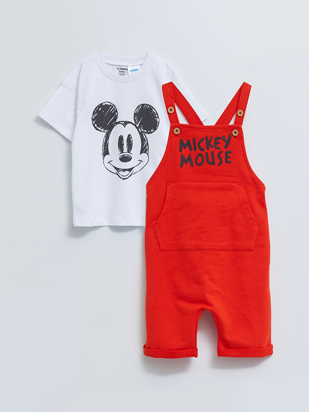 Crew Neck Short Sleeve Mickey Mouse Printed Baby Boy T-Shirt and Salopet 2-Pack Set