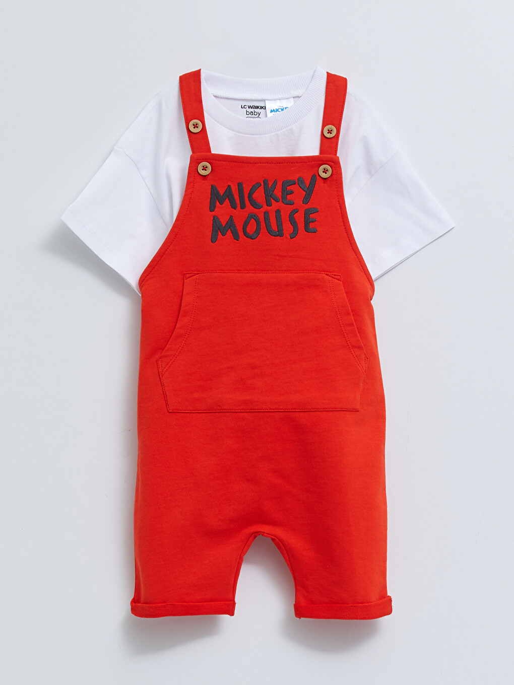 Crew Neck Short Sleeve Mickey Mouse Printed Baby Boy T-Shirt and Salopet 2-Pack Set-1