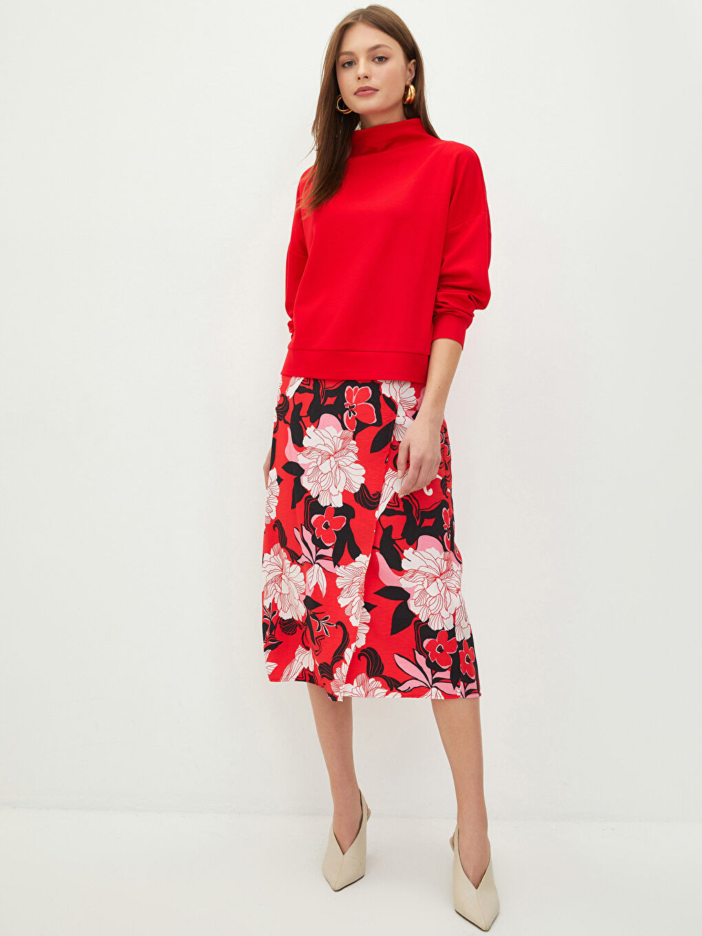 Kırmızı Dik Yaka Düz Uzun Kollu Kadın Sweatshirt-2