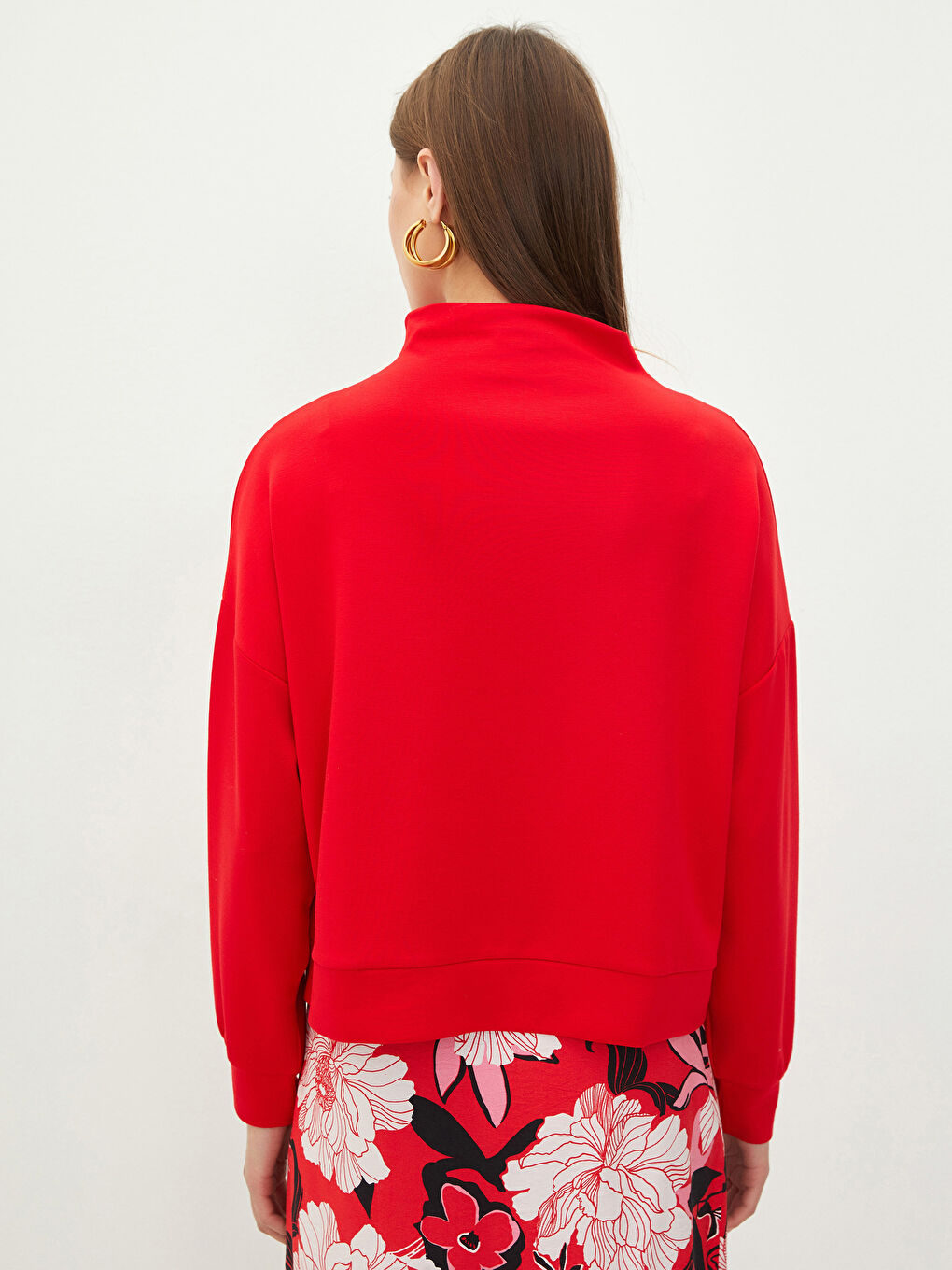 Kırmızı Dik Yaka Düz Uzun Kollu Kadın Sweatshirt-4