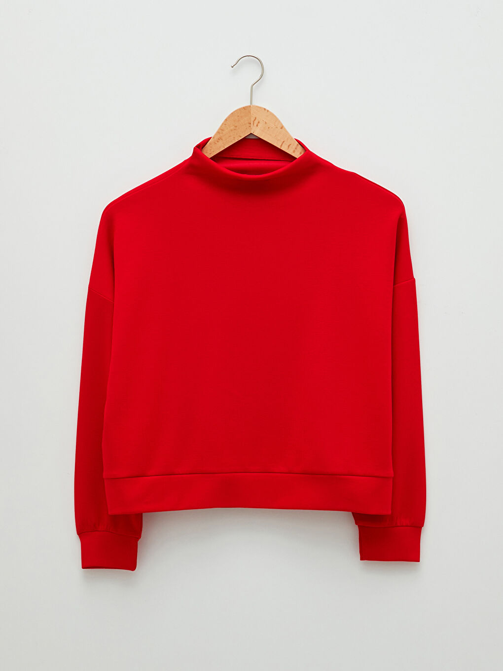 Kırmızı Dik Yaka Düz Uzun Kollu Kadın Sweatshirt-5