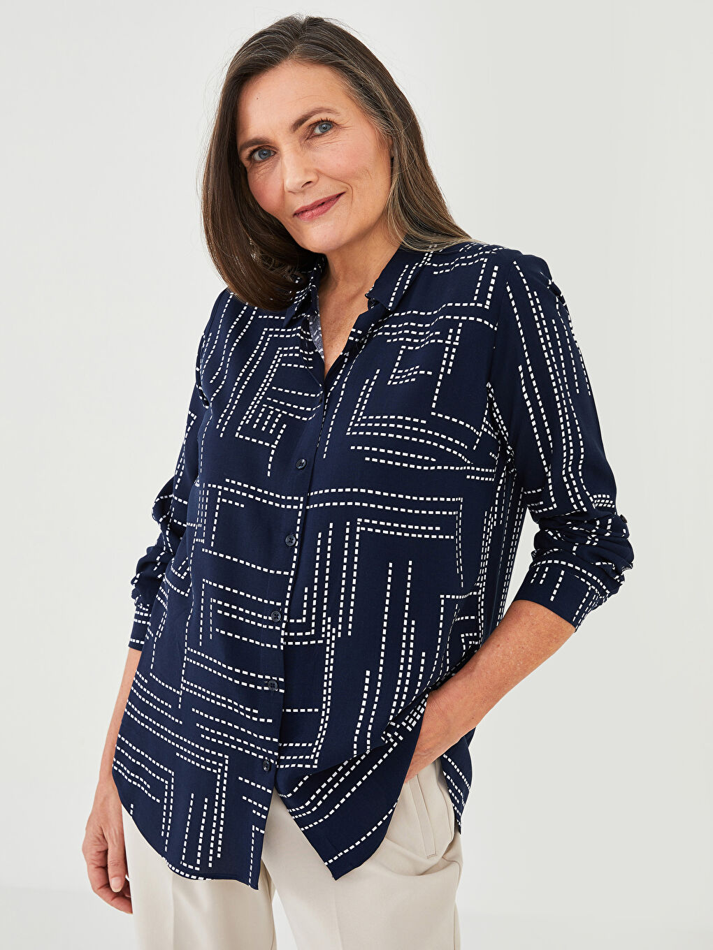 Front Button Closure Patterned Long Sleeve Viscose Women's Shirt