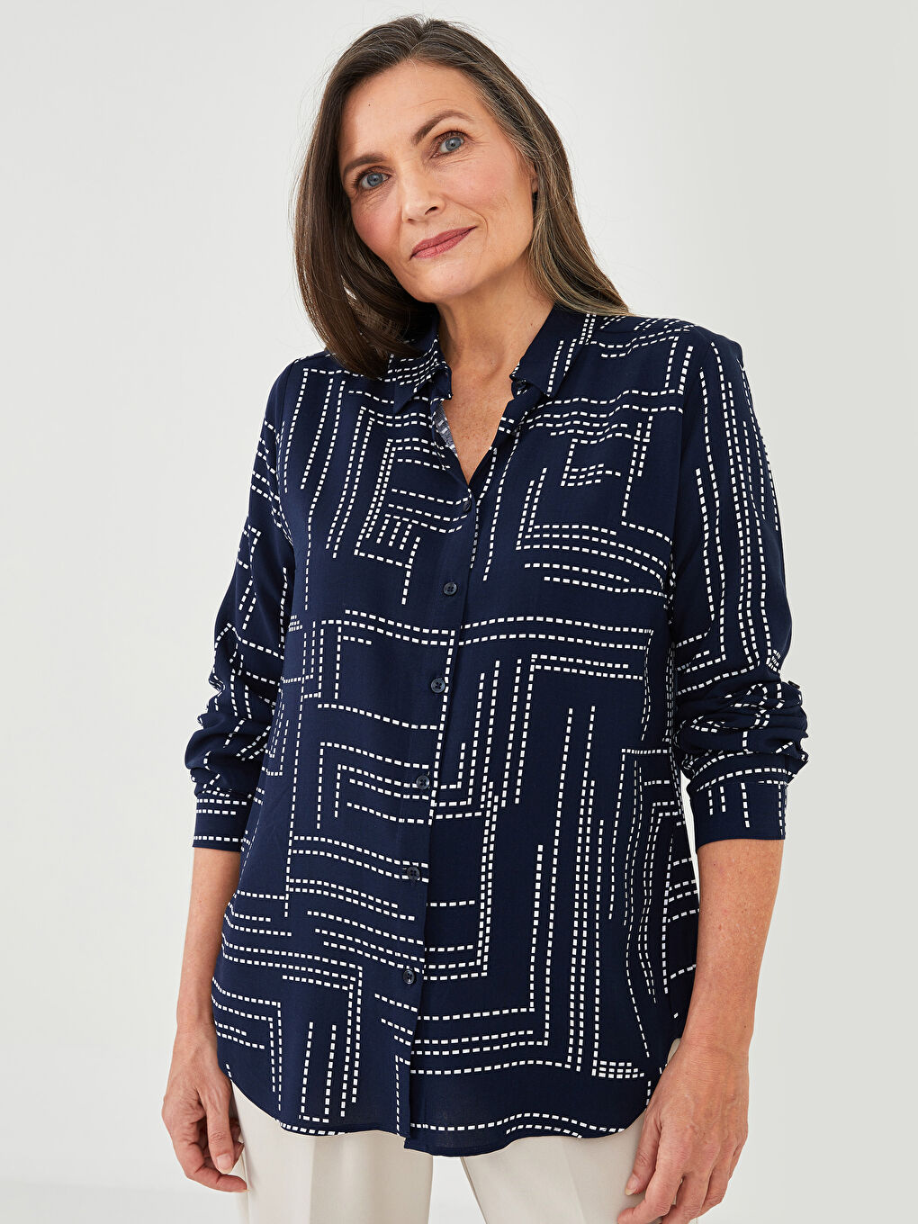 Front Button Closure Patterned Long Sleeve Viscose Women's Shirt-1