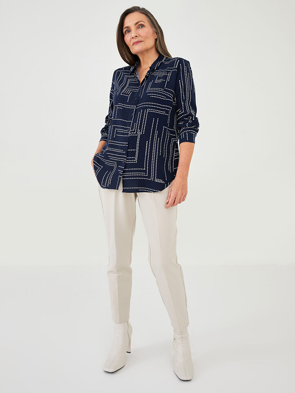 Front Button Closure Patterned Long Sleeve Viscose Women's Shirt-2