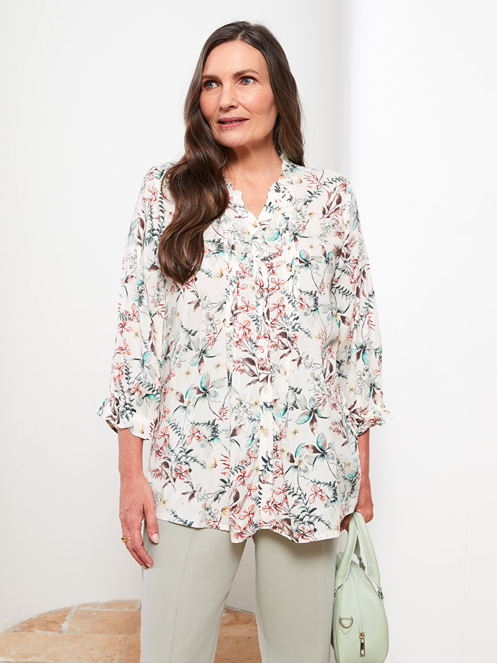 Women's Crew Neck Patterned Viscose Shirt-1