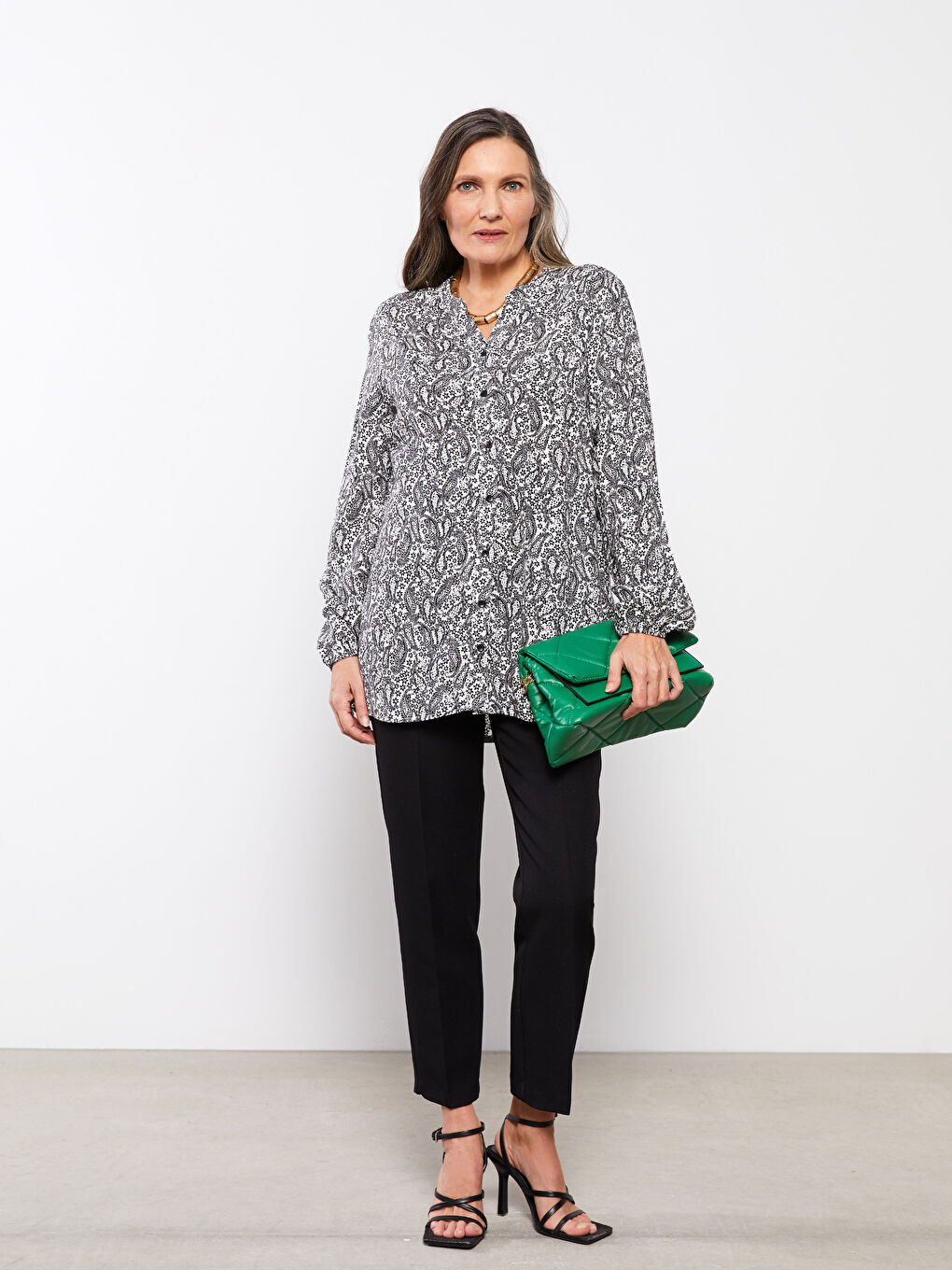 Henley Neckline Patterned Long Sleeve Viscose Women's Blouse-1