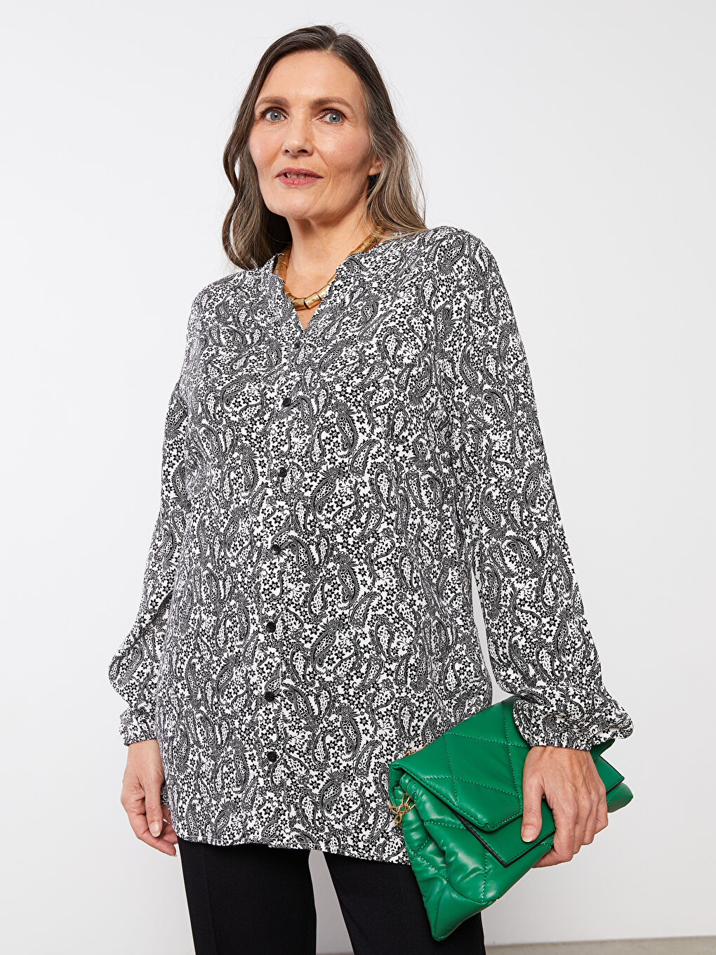 Henley Neckline Patterned Long Sleeve Viscose Women's Blouse-2