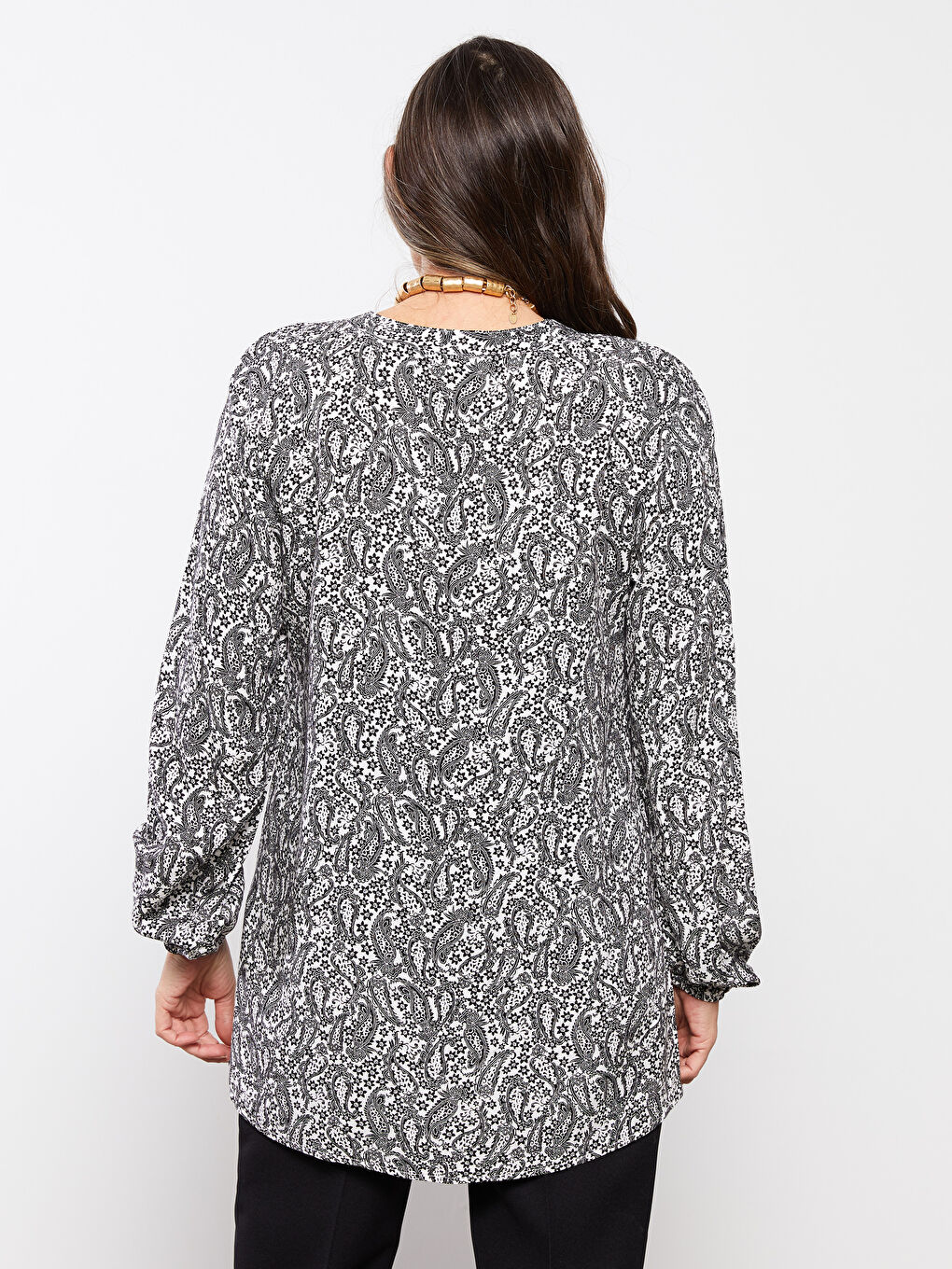 Henley Neckline Patterned Long Sleeve Viscose Women's Blouse-3