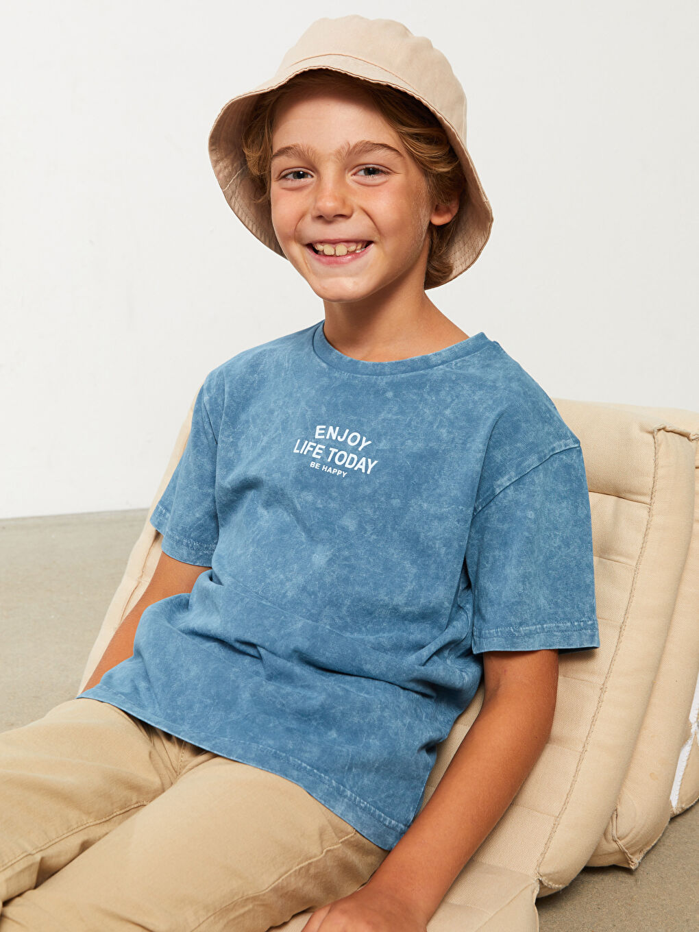 Mavi Bisiklet Yaka Baskılı Kısa Kollu Pamuklu Erkek Çocuk Tişört