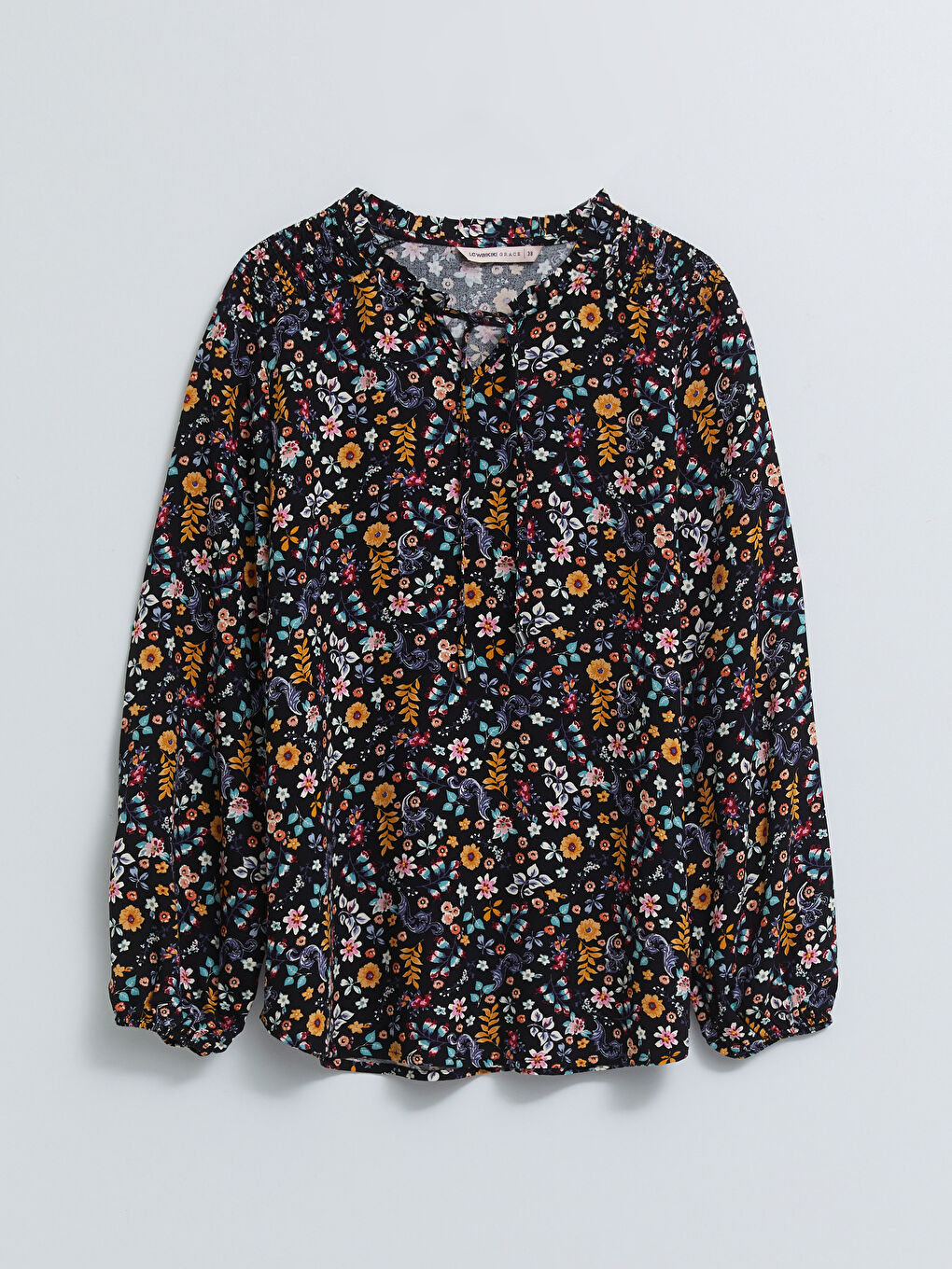 Karışık Bağlamalı Yaka Çiçekli Uzun Kollu Viskon Kadın Bluz-5