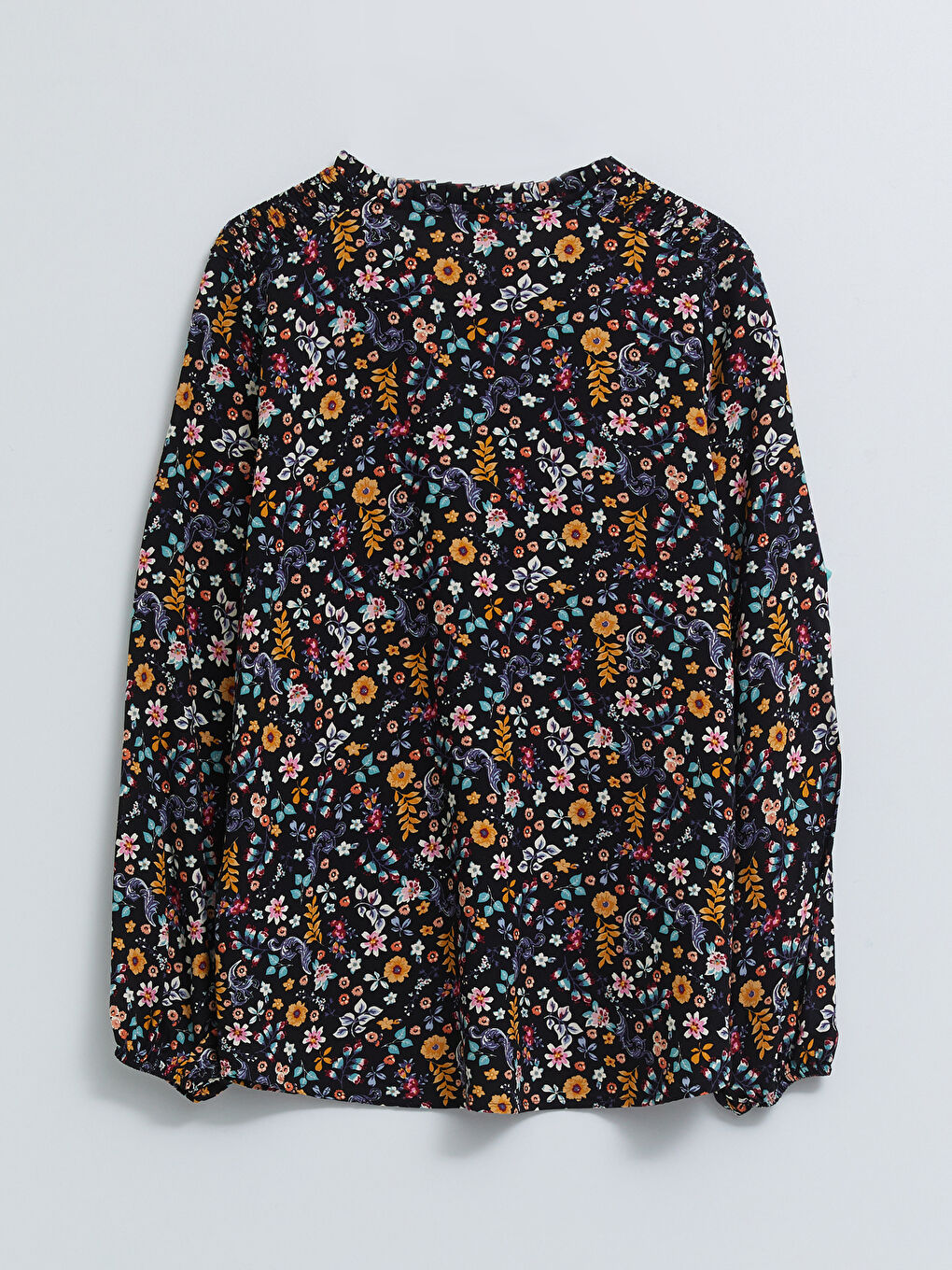 Karışık Bağlamalı Yaka Çiçekli Uzun Kollu Viskon Kadın Bluz-6