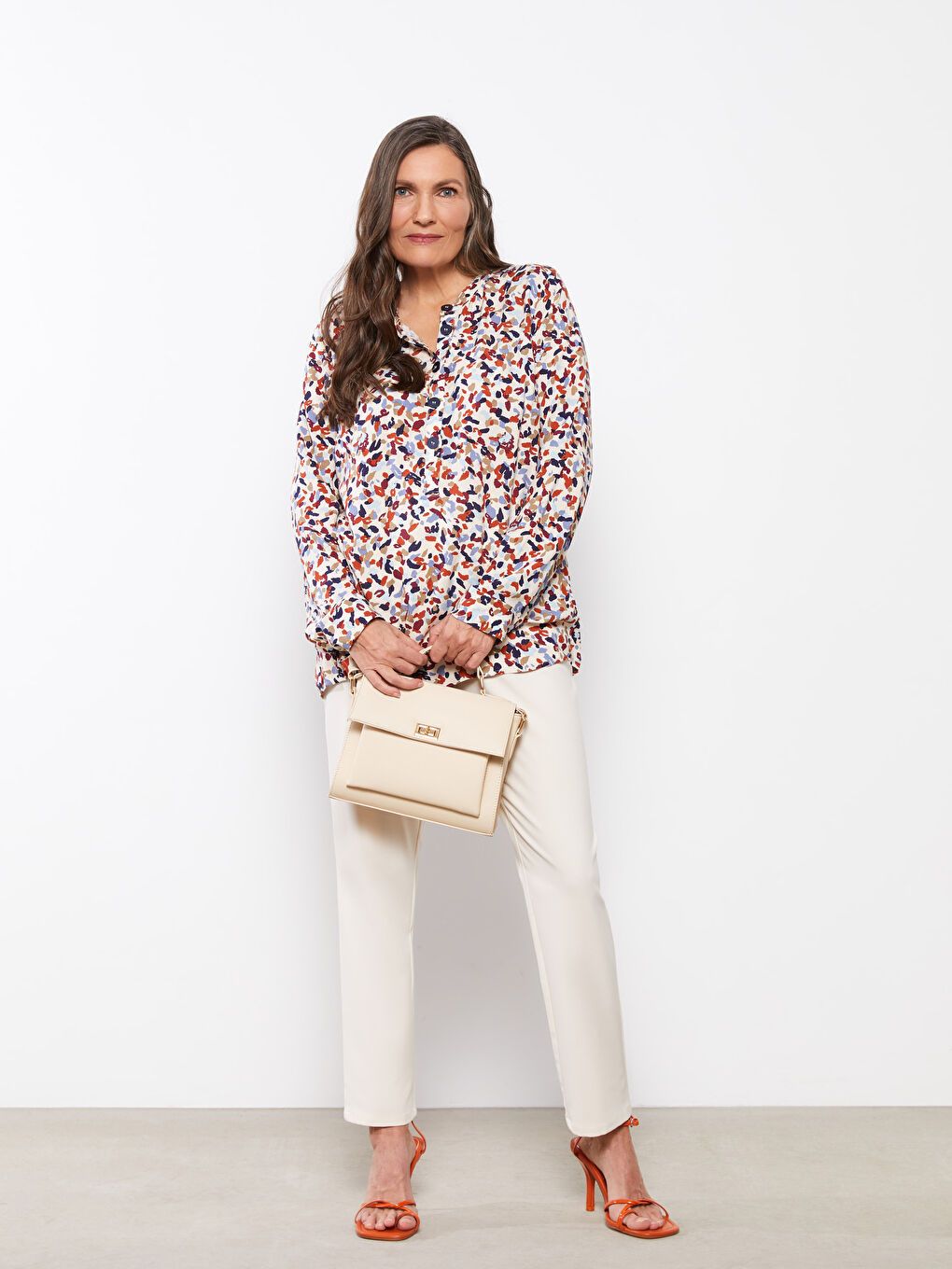 Crew Neck Patterned Long Sleeve Viscose Women's Blouse-1