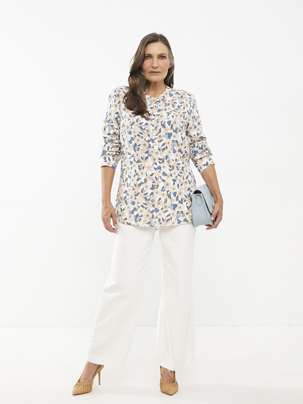 Crew Neck Patterned Long Sleeve Viscose Women's Blouse-2