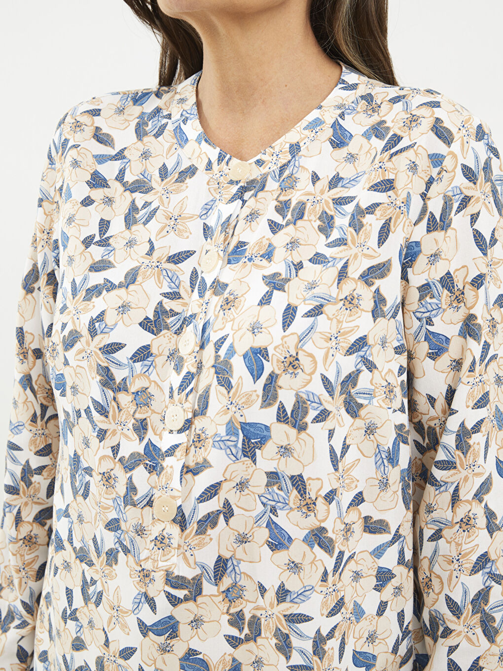 Crew Neck Patterned Long Sleeve Viscose Women's Blouse-3