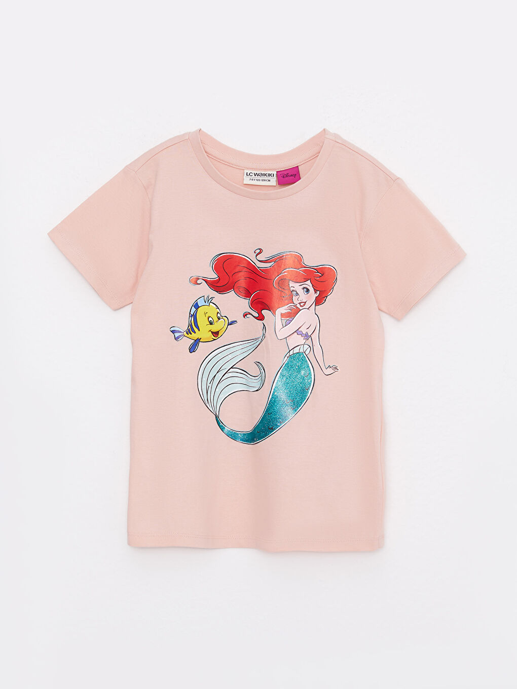 Pembe Bisiklet Yaka Deniz Kızı Baskılı Kısa Kollu Pamuklu Kız Çocuk Tişört