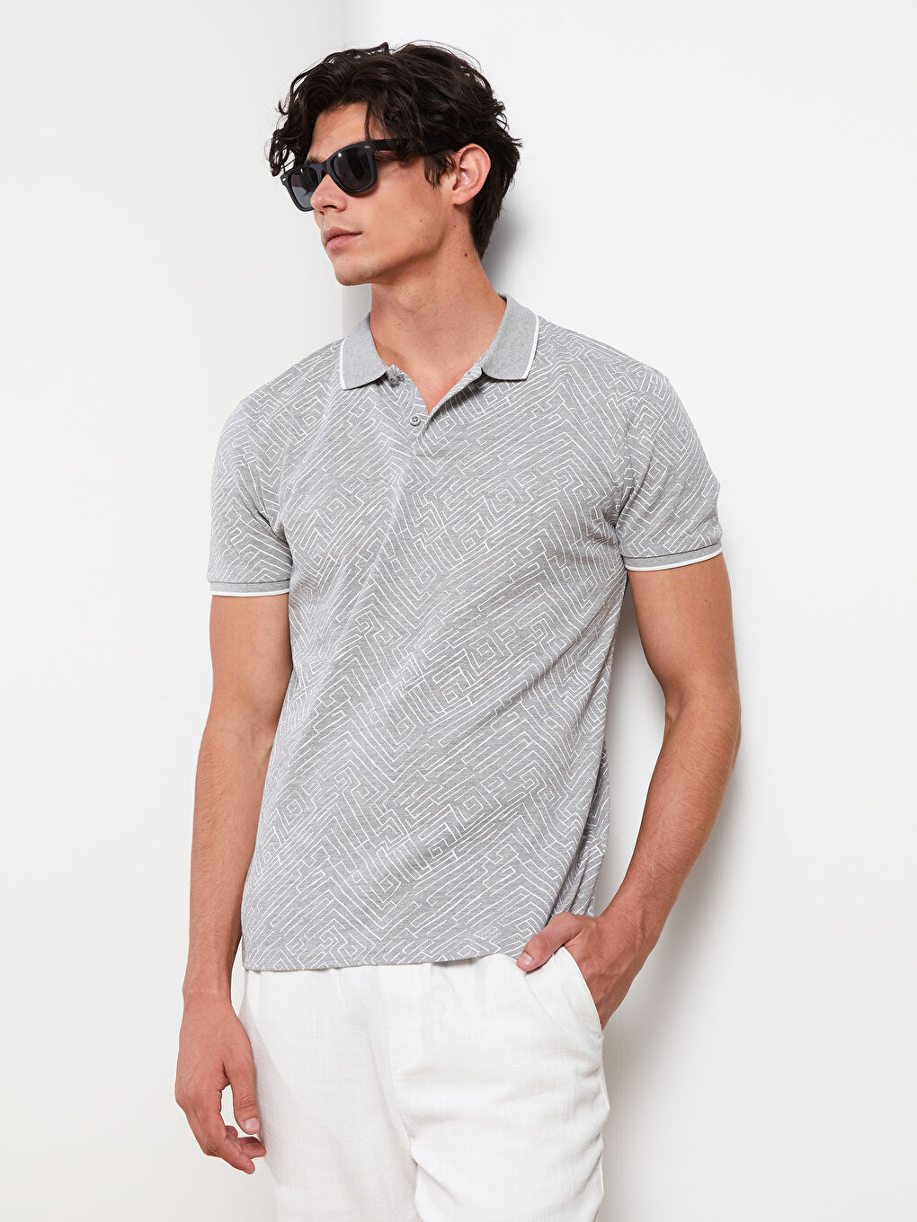 Gri Polo Yaka Kısa Kollu Pike Erkek Tişört-1