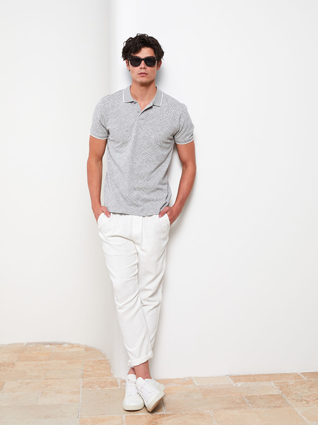 Gri Polo Yaka Kısa Kollu Pike Erkek Tişört-2