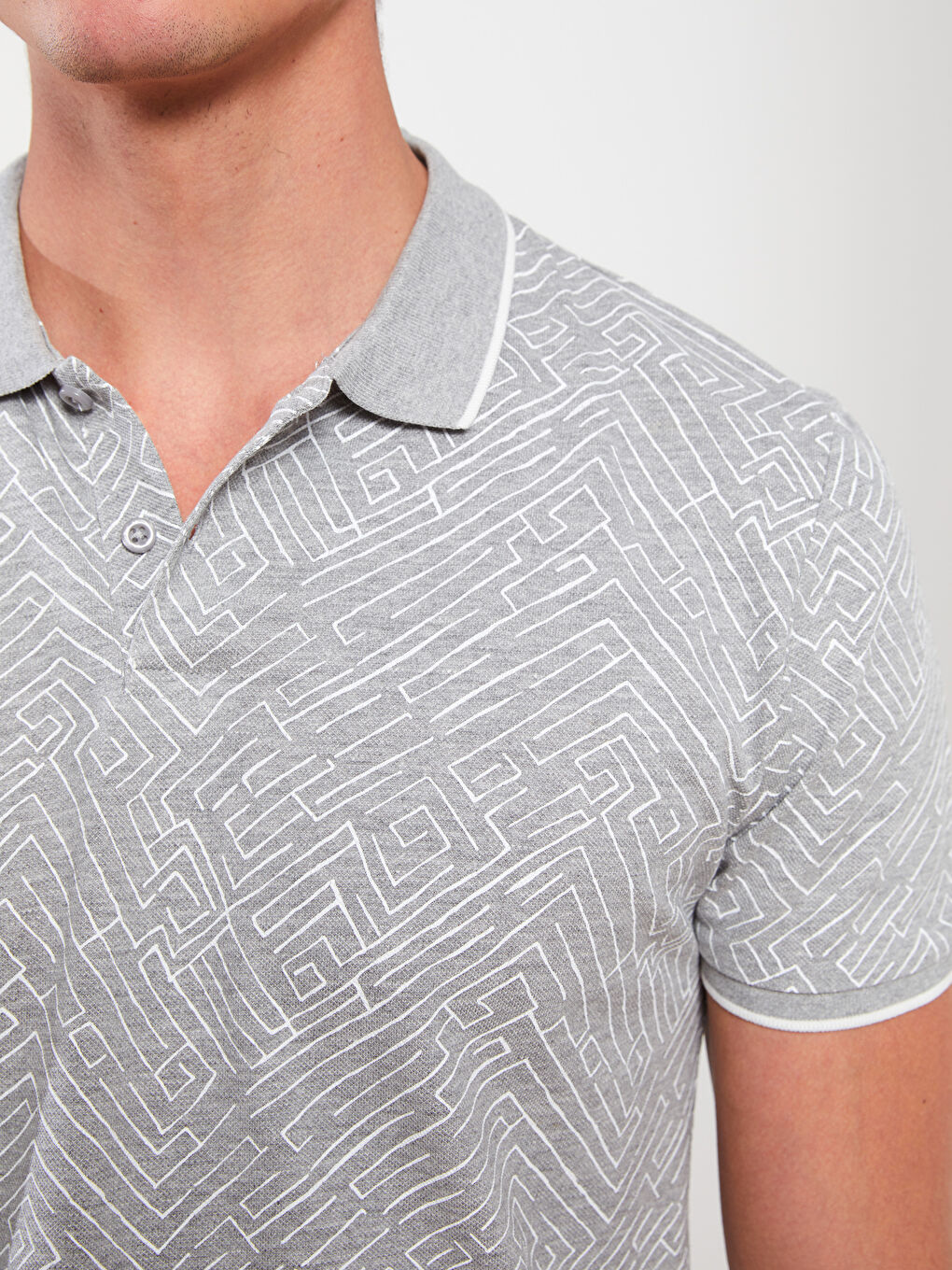 Gri Polo Yaka Kısa Kollu Pike Erkek Tişört-3