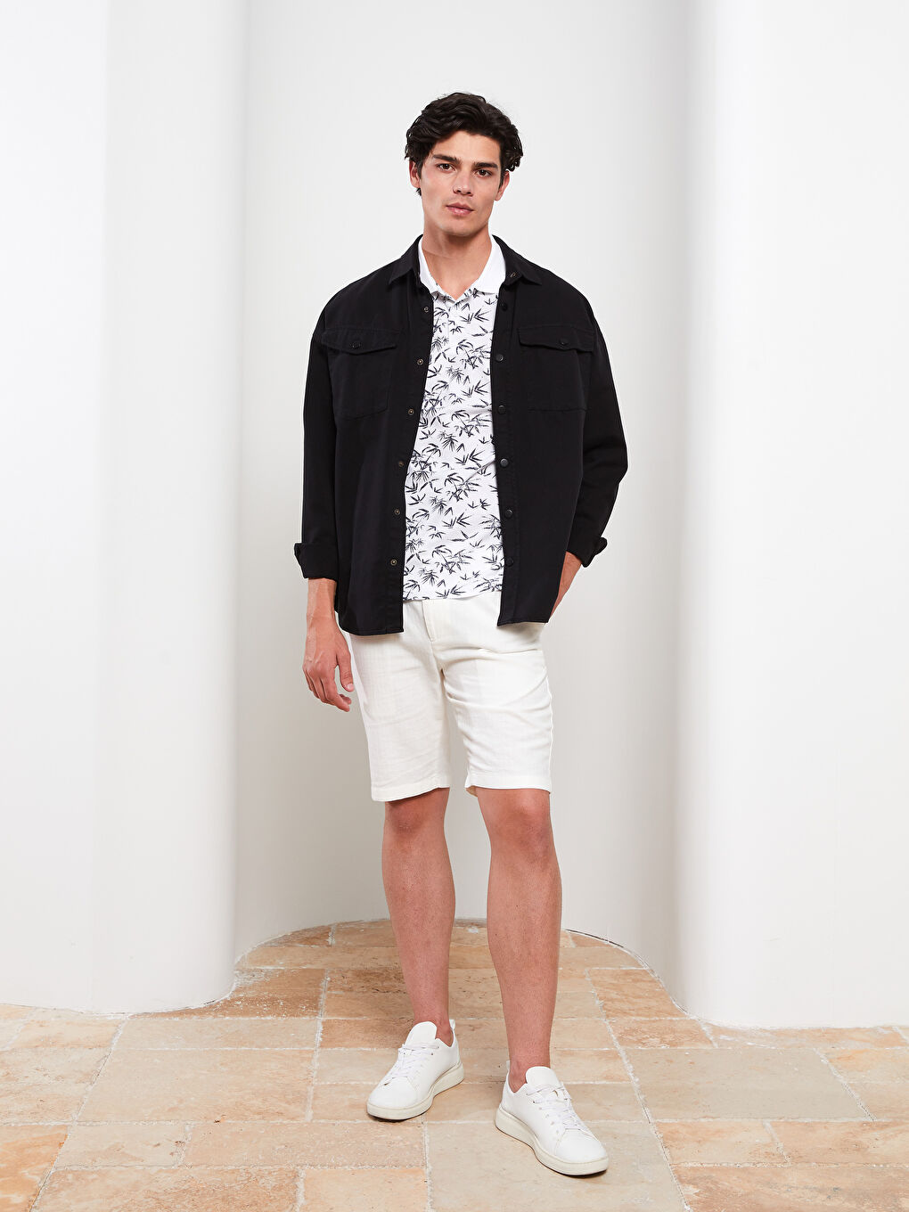 Ekru Polo Yaka Kısa Kollu Desenli Pike Erkek Tişört