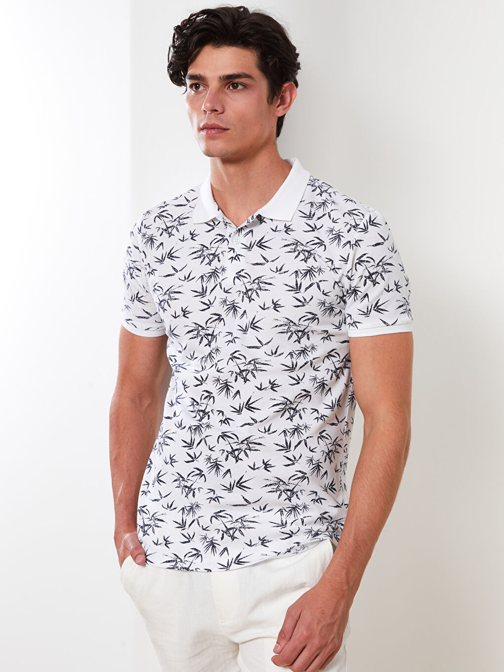 Ekru Polo Yaka Kısa Kollu Desenli Pike Erkek Tişört-1