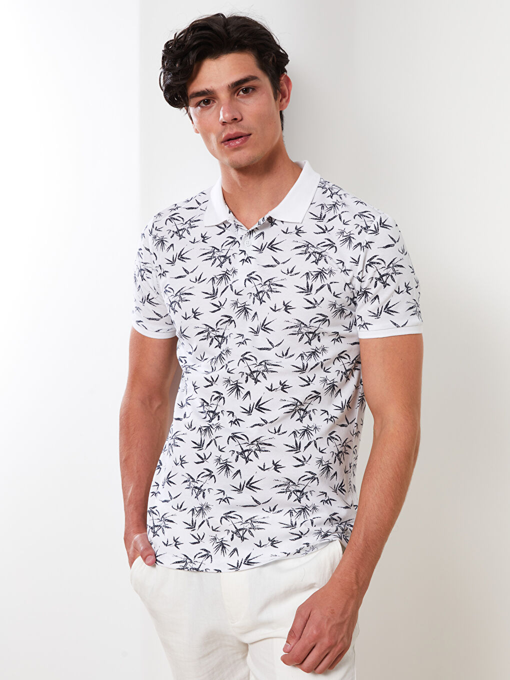 Ekru Polo Yaka Kısa Kollu Desenli Pike Erkek Tişört-2