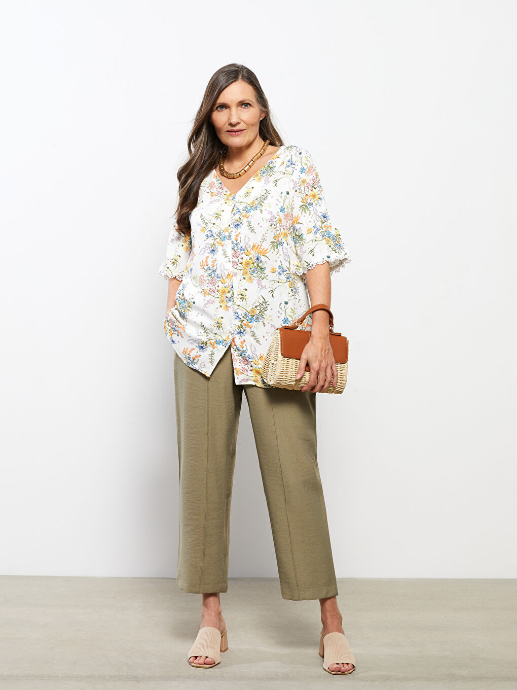 V Neck Floral Short Sleeve Viscose Women Shirt