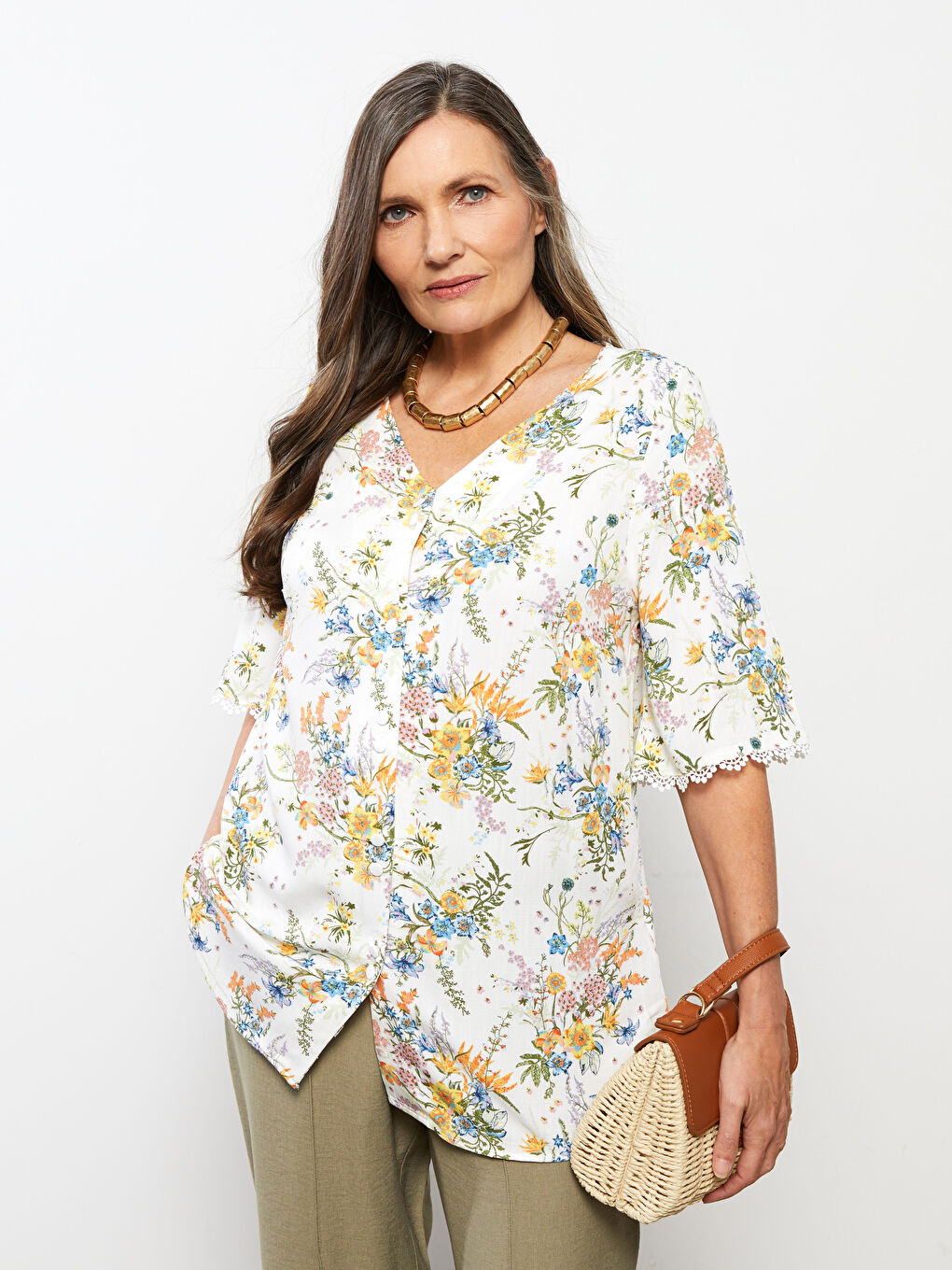 V Neck Floral Short Sleeve Viscose Women Shirt-1