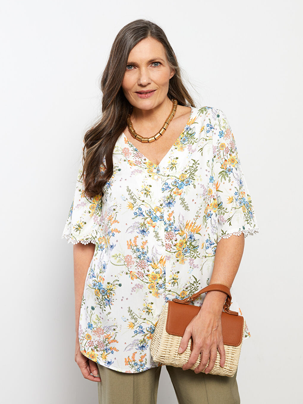 V Neck Floral Short Sleeve Viscose Women Shirt-2