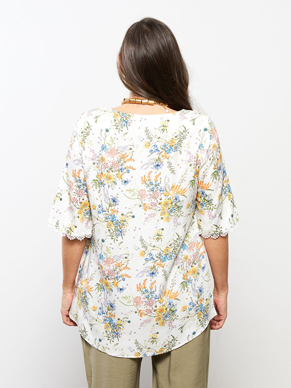V Neck Floral Short Sleeve Viscose Women Shirt-4