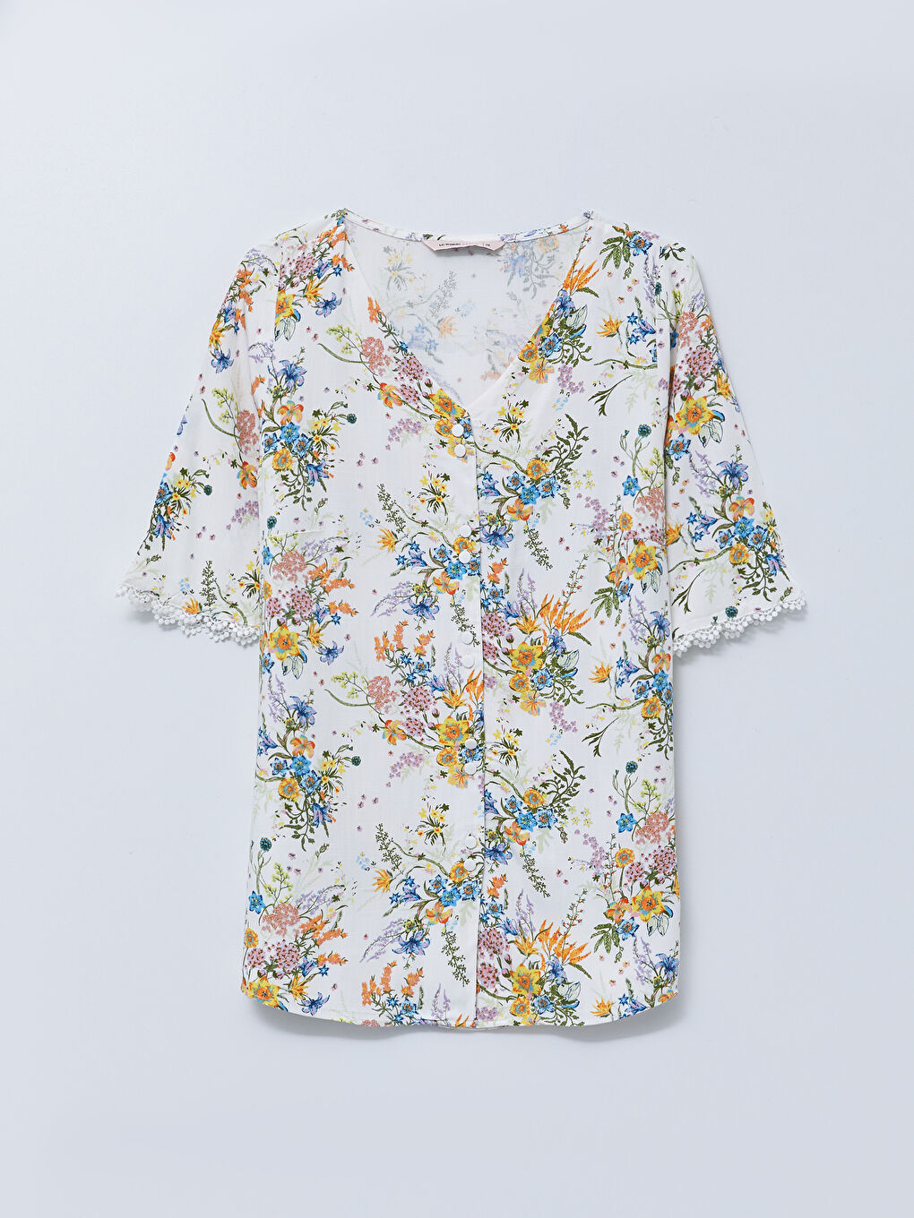 V Neck Floral Short Sleeve Viscose Women Shirt-5