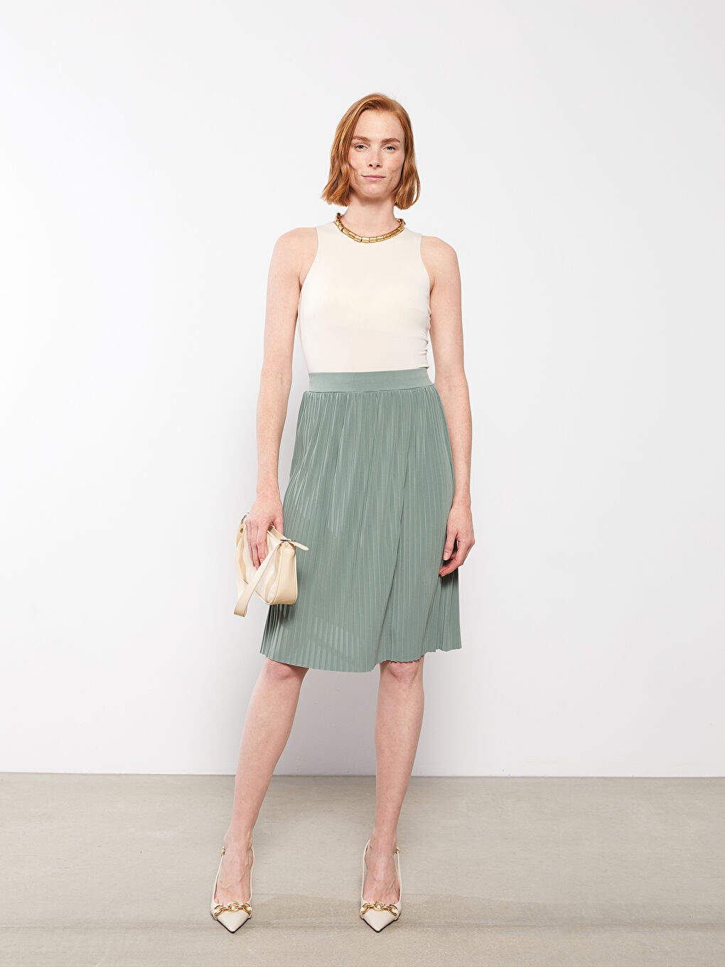 Yeşil Kadın Beli Lastikli Düz Pileli Etek