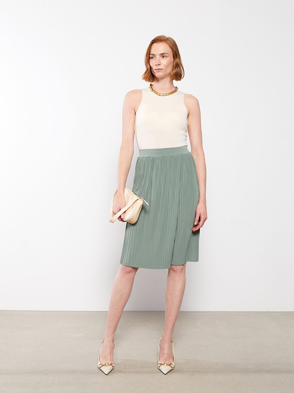 Yeşil Kadın Beli Lastikli Düz Pileli Etek-1