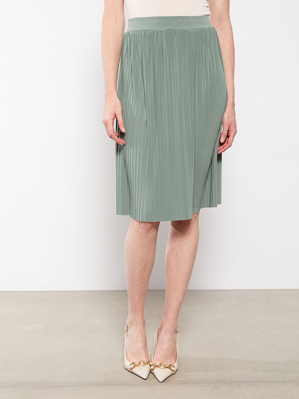 Yeşil Kadın Beli Lastikli Düz Pileli Etek-2