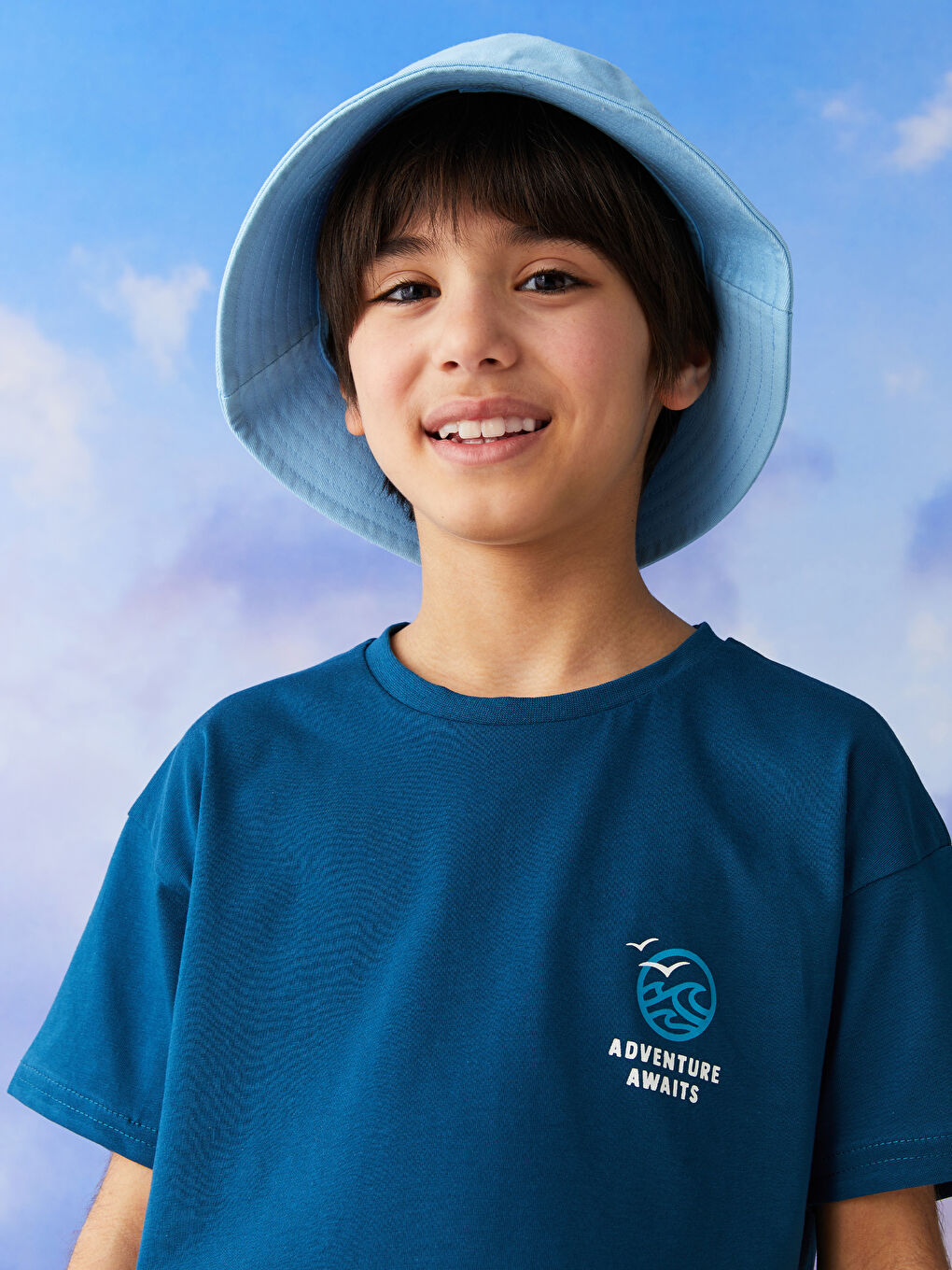 Petrol Bisiklet Yaka Baskılı Kısa Kollu Pamuklu Erkek Çocuk Tişört-1