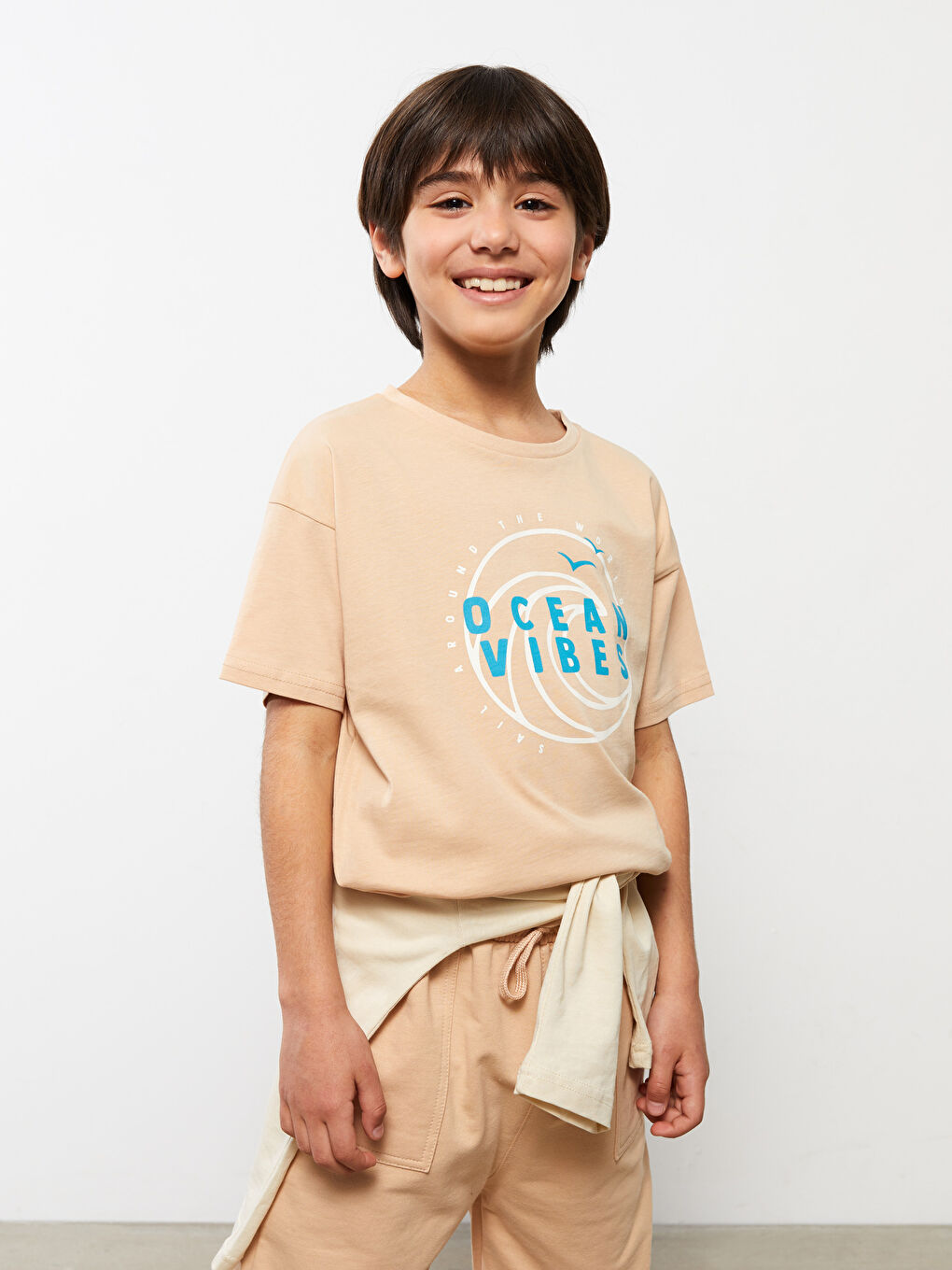 Bej Bisiklet Yaka Baskılı Kısa Kollu Pamuklu Erkek Çocuk Tişört