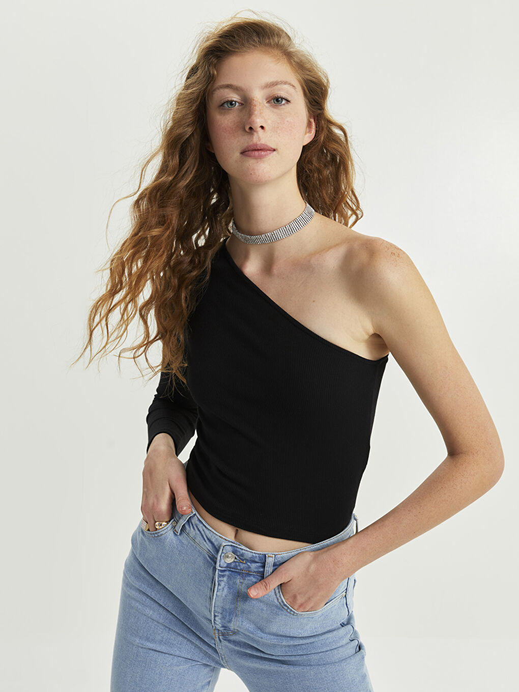 One Shoulder Straight Long Sleeve Women's Blouse-1