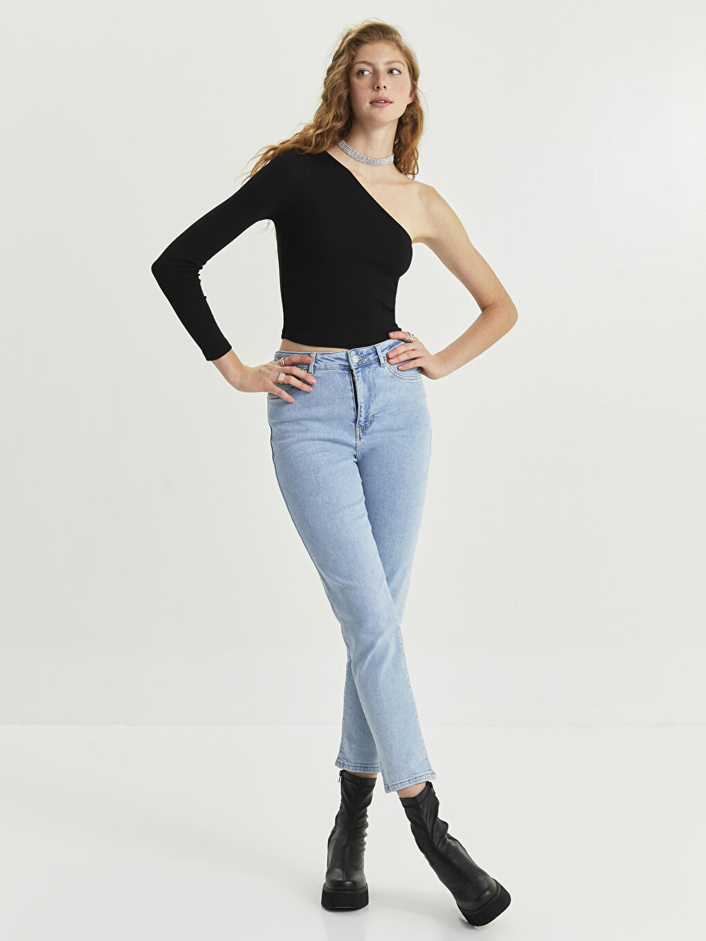 One Shoulder Straight Long Sleeve Women's Blouse-2