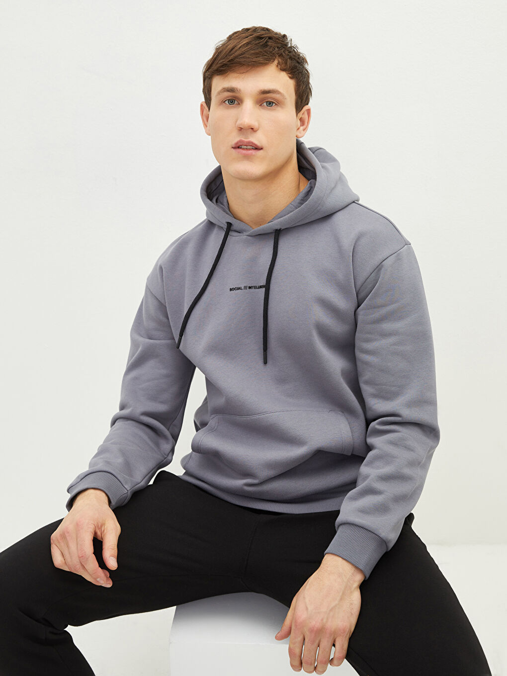 Gri Uzun Kollu Baskılı Erkek Kalın Hoodie