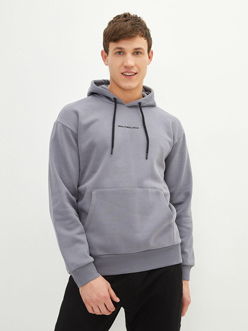 Gri Uzun Kollu Baskılı Erkek Kalın Hoodie-1