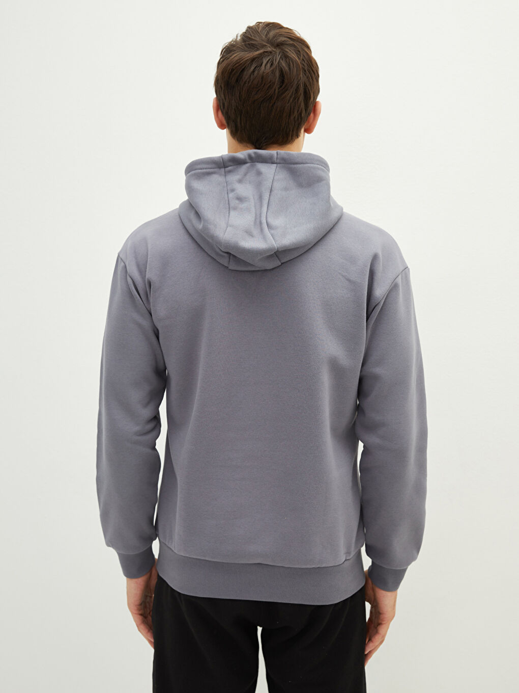 Gri Uzun Kollu Baskılı Erkek Kalın Hoodie-4