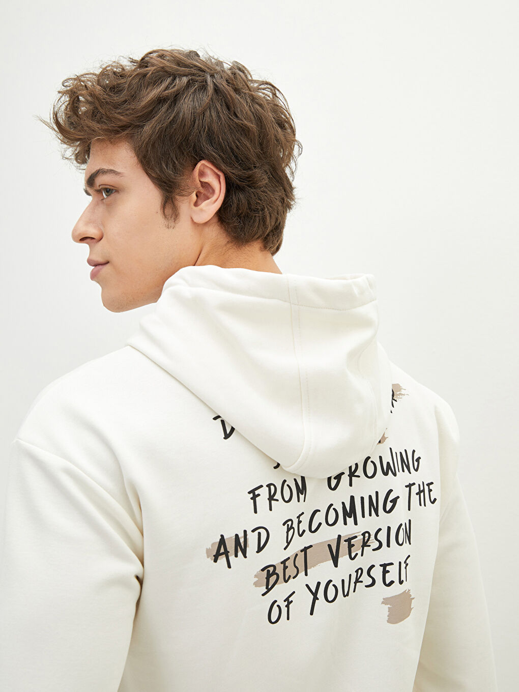 Ekru Uzun Kollu Baskılı Erkek Kalın Hoodie