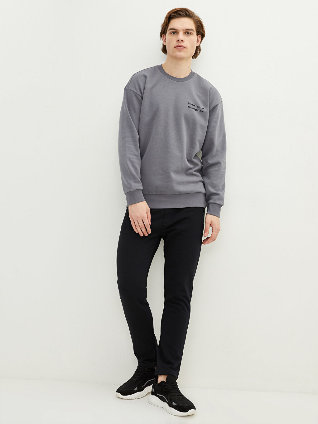 Gri Bisiklet Yaka Uzun Kollu Baskılı Erkek Sweatshirt-1