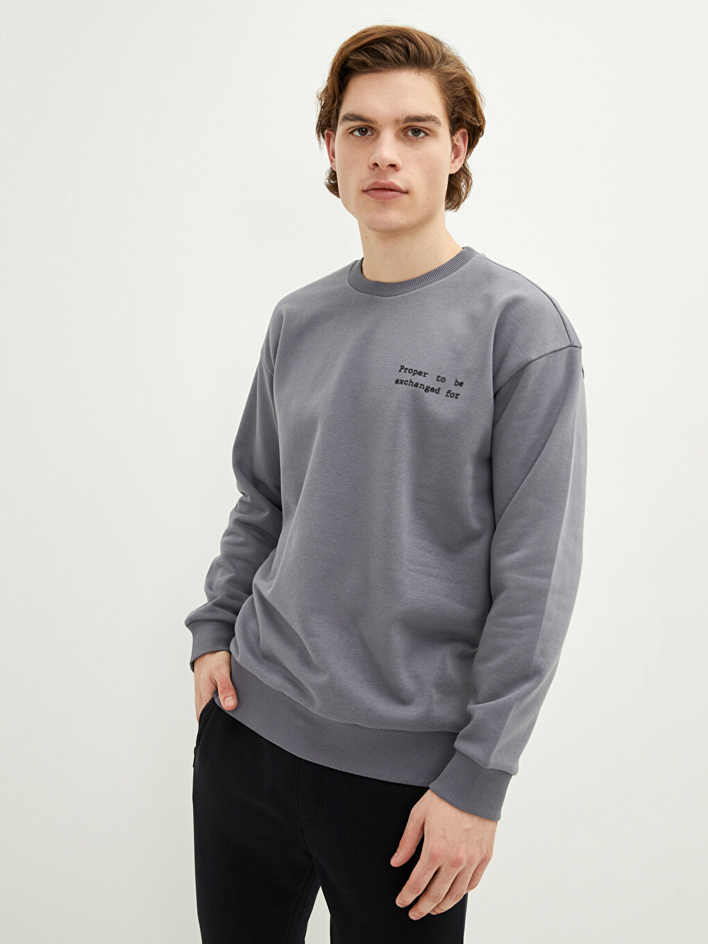 Gri Bisiklet Yaka Uzun Kollu Baskılı Erkek Sweatshirt-2