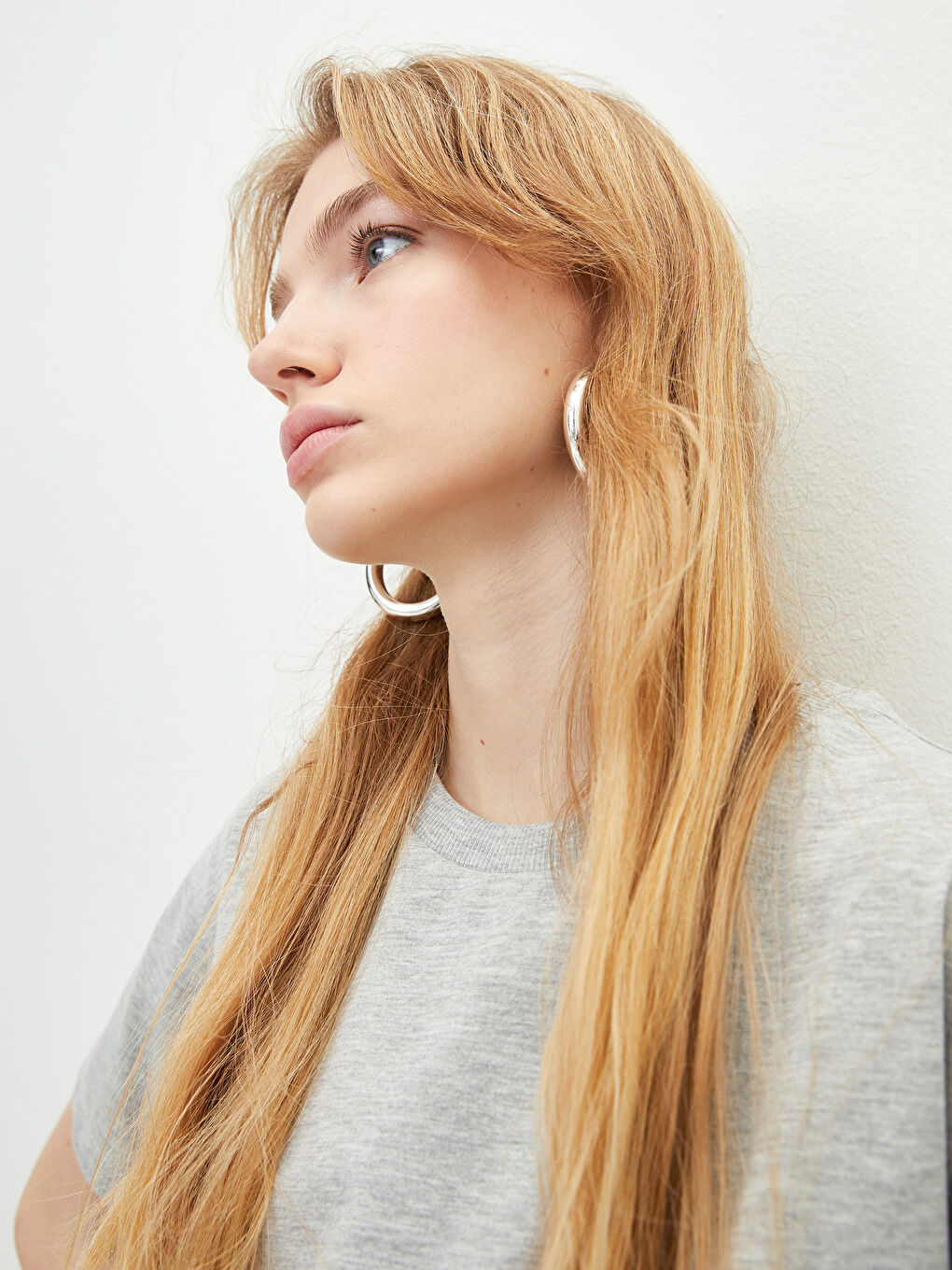 Gri Bisiklet Yaka Düz Kısa Kollu Pamuklu Kadın Tişört-3